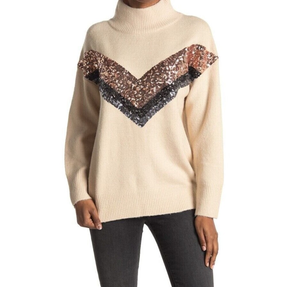 Lush Rib High Neck Sequins Sweater Womens M Creme Beige Pullover Long Sleeve NWT